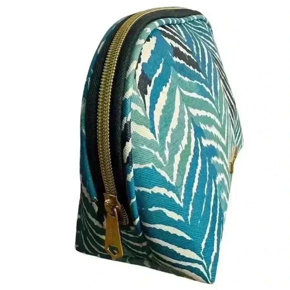 TRINA TURK COLORFUL COSMETIC BAG FEATHER PRINT BLUE / PINK INTERIOR - Picture 2 of 6